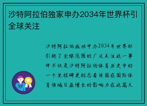 沙特阿拉伯独家申办2034年世界杯引全球关注