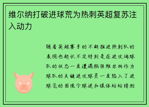 维尔纳打破进球荒为热刺英超复苏注入动力 维尔纳打破进球荒为热刺英超复苏注入动力